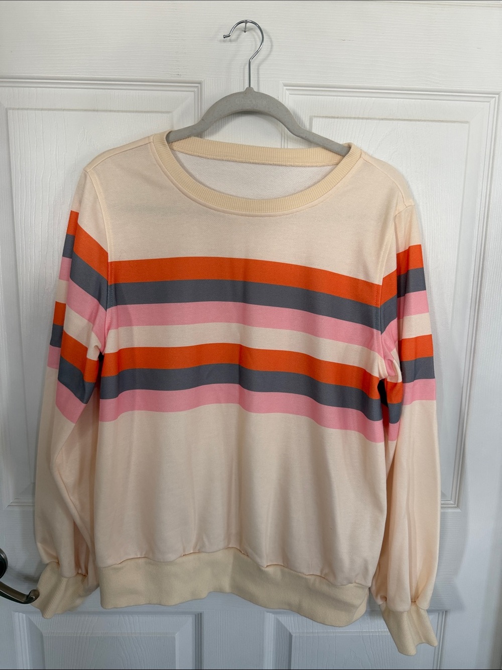 Striped Crewneck Sweatshirt - Cream with Pink, Orange & Gray Stripes